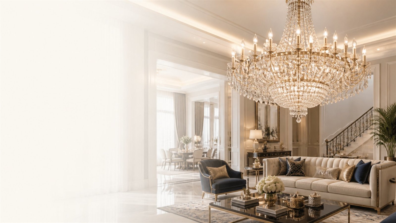 Ambiente premium com lustre de cristal para instalação, manutenção e limpeza profissional